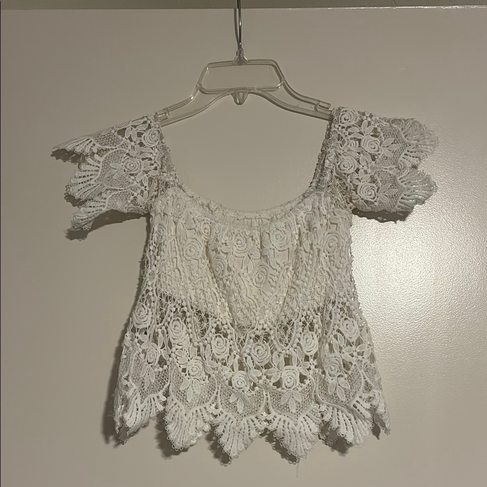 White Lace Crochet Short-Sleeve Women's Top